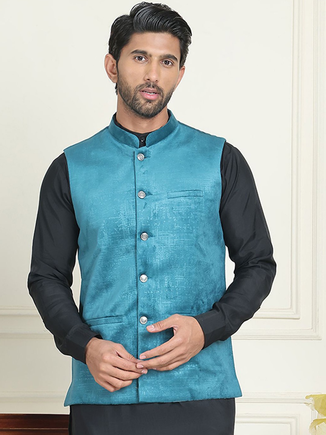 

Anouk Velvet Woven Mandarin Collar Neck Nehru Jacket, Blue