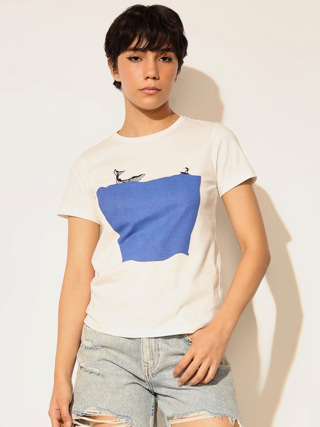 

ONLY Women Colourblocked Round Neck Cotton T-shirt, White