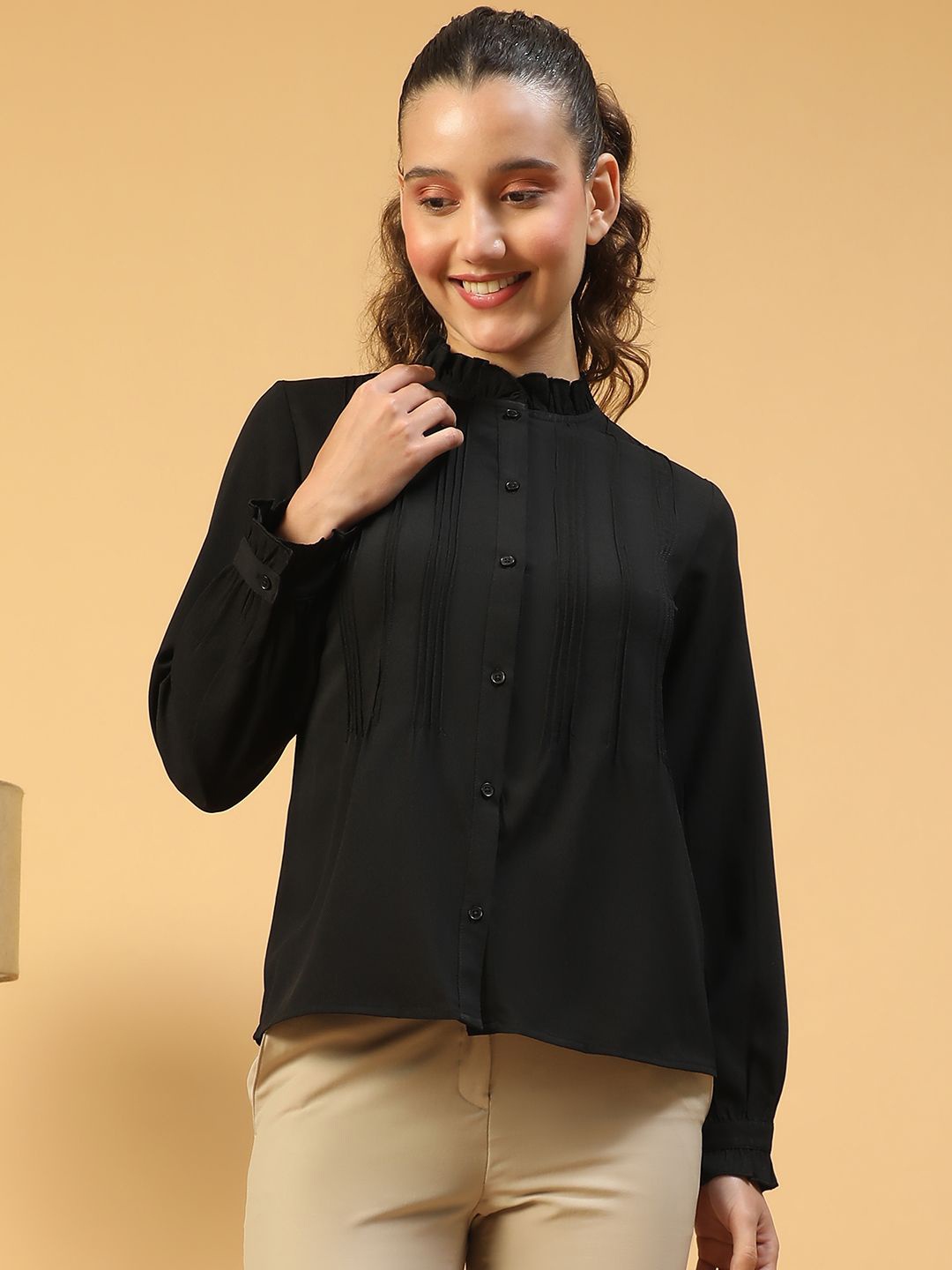 

Oxolloxo Women High Neck With Frill Detail Long Sleeve Button Down Pleated Shirt, Black