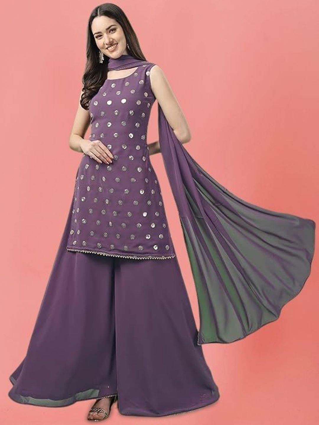 

PARROT CREATION Women Embroidered Regular Sequinned Kurti with Sharara & With Dupatta, Lavender