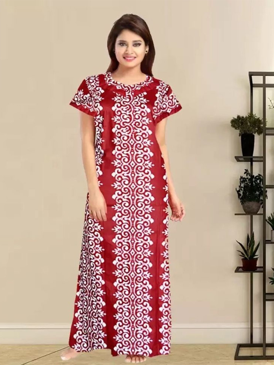 

PR PINK ROYAL Women Printed Pure Cotton Maxi Nightdress, Maroon