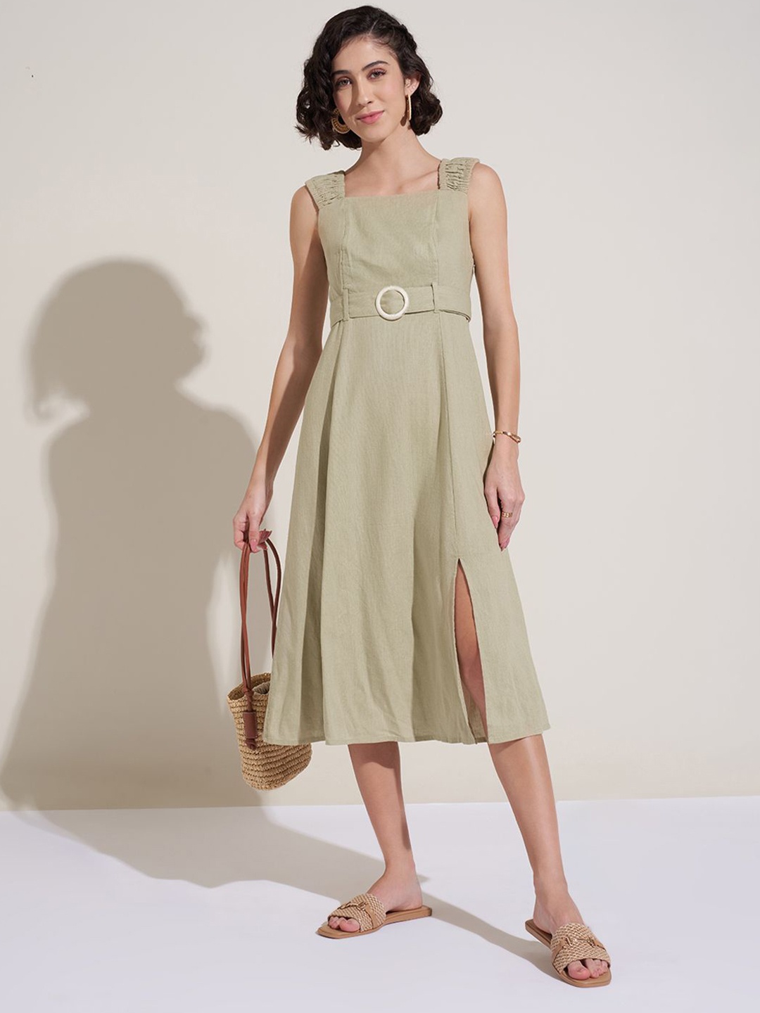 

Honey by Pantaloons Women Square Neck Slits Sleeveless A-Line Midi Dress, Olive