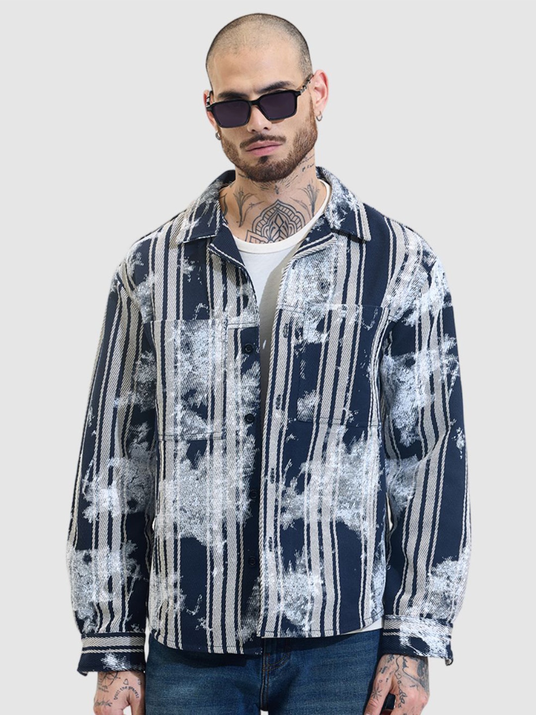 

Snitch Striped Pockets Relaxed Fit Cotton Oversized Shacket, Navy blue