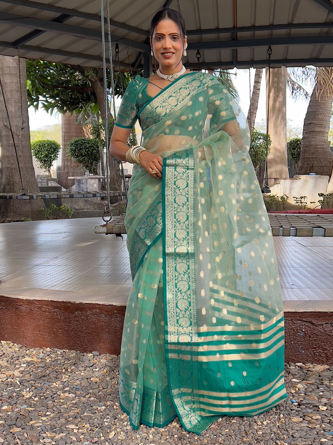 

Mitera Polka Dot Woven Design Zari Organza Saree, Green