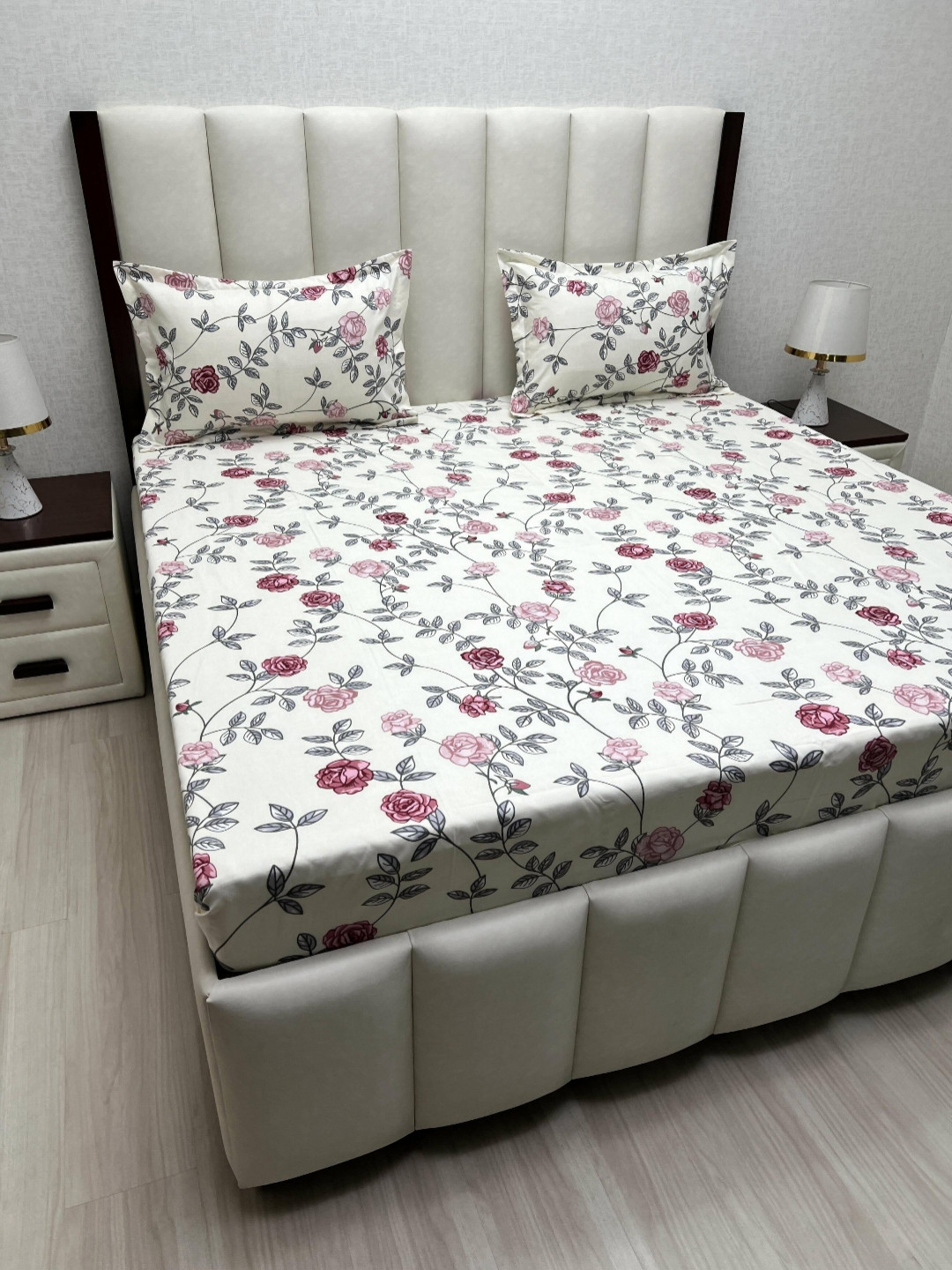

Pure Decor White & Pink Floral 200 TC Microfiber Queen Bedsheet Set 2.28 m x 2.54 m