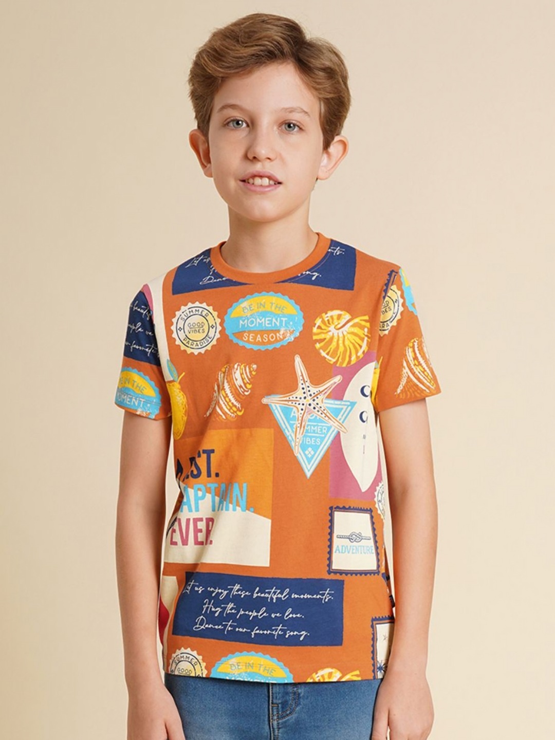 

Jack & Jones Junior Boys Graphic Printed Round Neck Cotton T-shirt, Brown