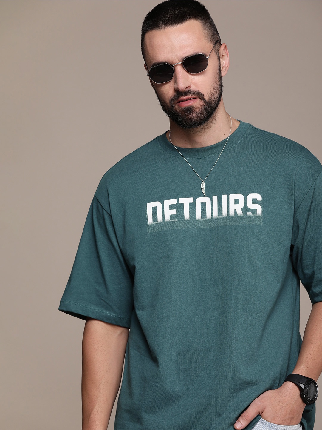 

The Roadster Life Co. Printed Drop-Shoulder Sleeves Pure Cotton T-shirt, Teal