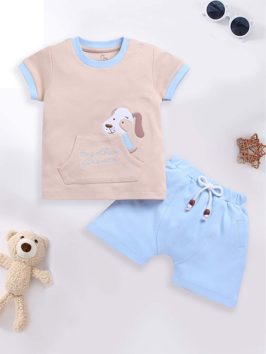 

BABY GO Boys Embroidered Round Neck T-shirt With Shorts, Beige