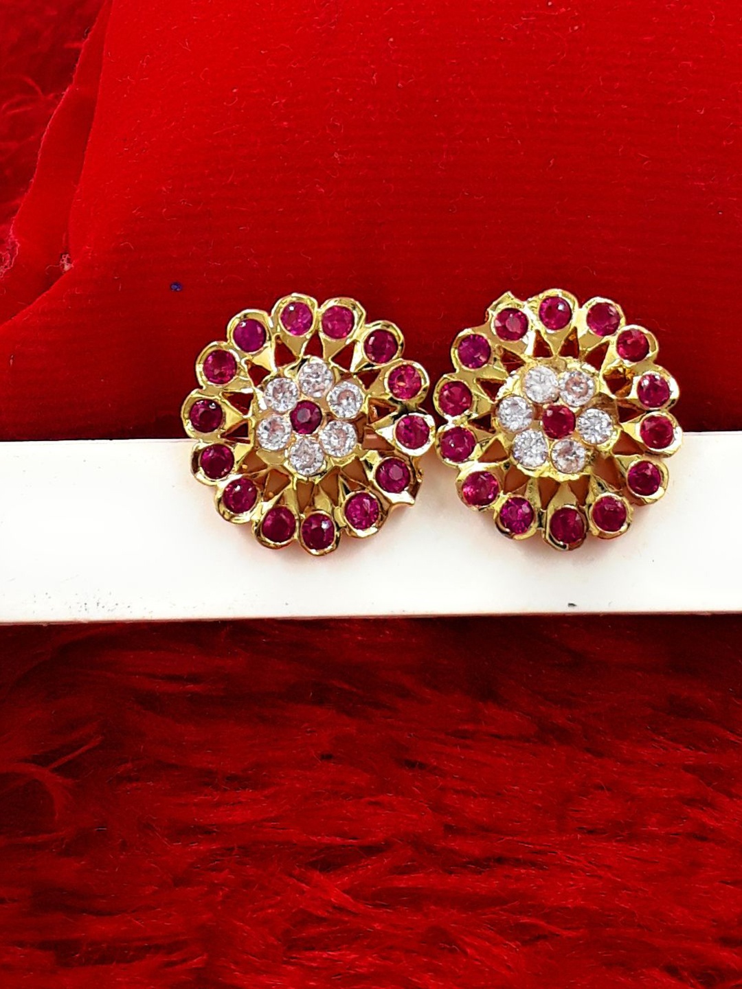 

Anujeet Fashion Hub Gold Plated American Diamond Studded Circular Studs, Pink