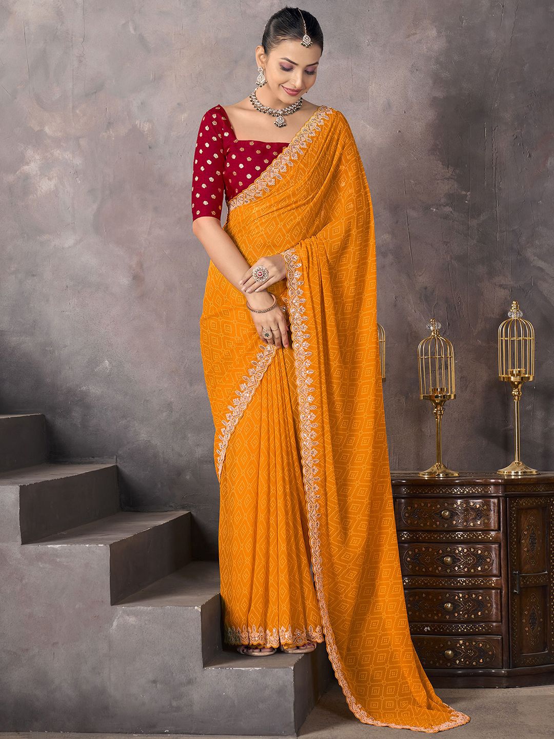 

Satrani Bandhani Sequinned Pure Georgette Bandhani Saree, Yellow