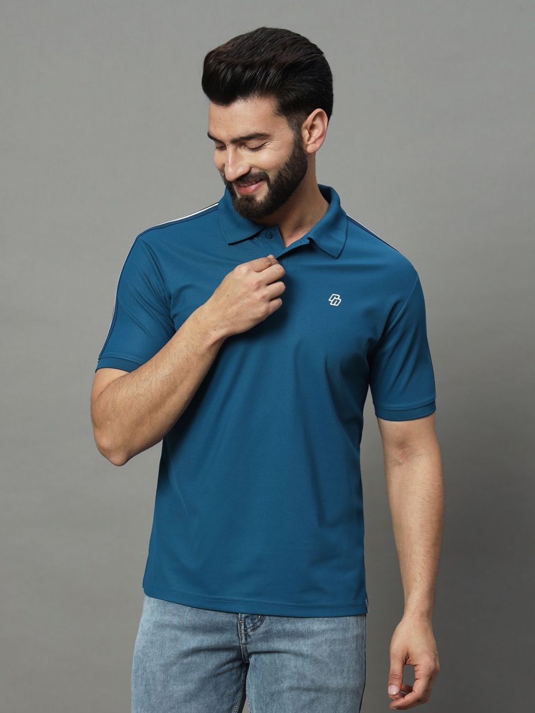

RENUOVO Men Polo Collar Extended Sleeves Pockets T-shirt, Teal
