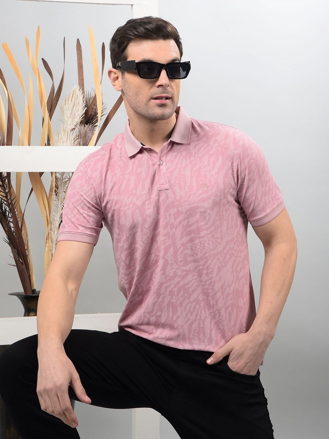 

Crimsoune Club Men Abstract Printed Polo Collar Cotton Slim Fit T-shirt, Pink