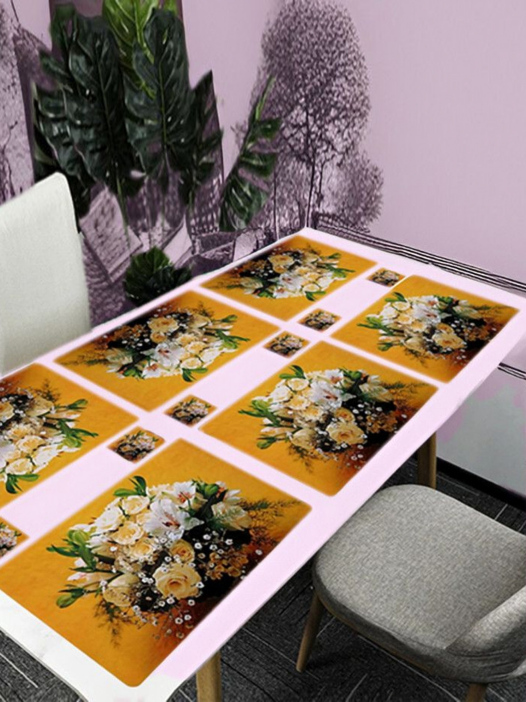 

REVEXO Yellow & White 12 Pieces Printed Table Placemats & Coasters