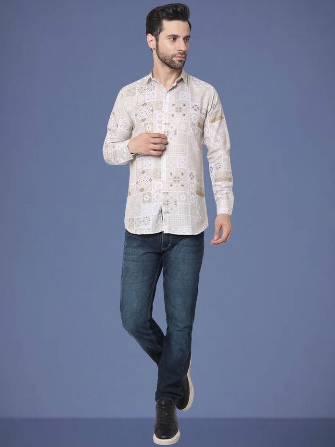 

iCome Men Spread Collar Ethnic Motifs Printed Cotton Linen Casual Shirt, Olive