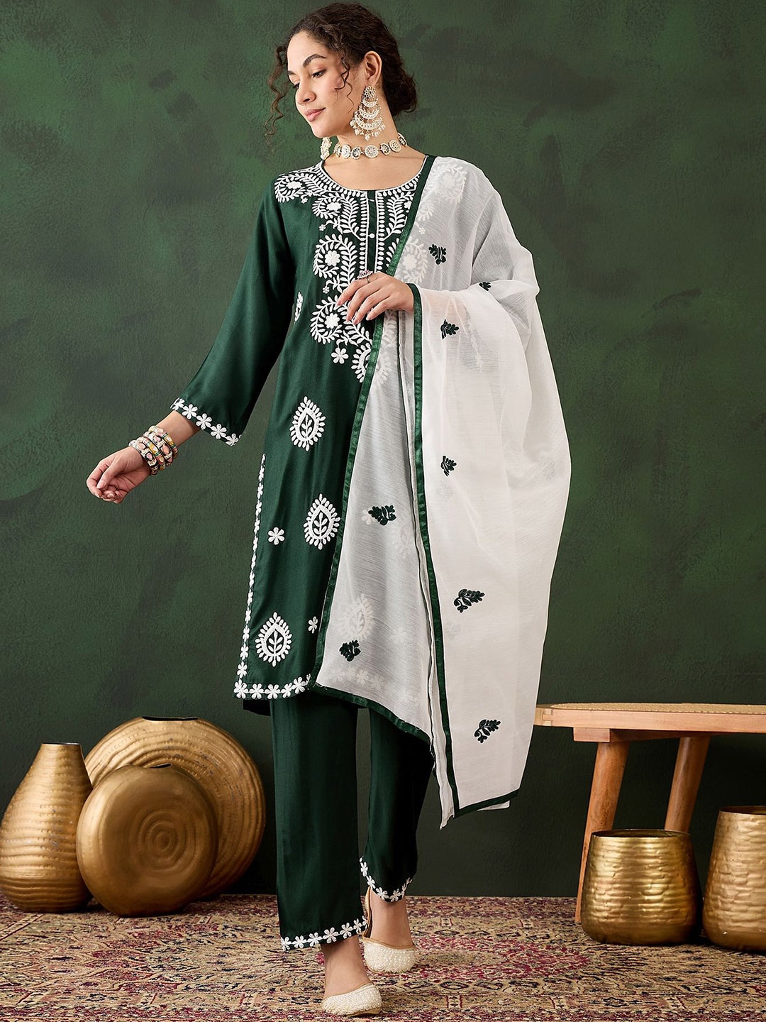 

HERE&NOW Green Floral Embroidered Straight Kurta With Trousers & Dupatta