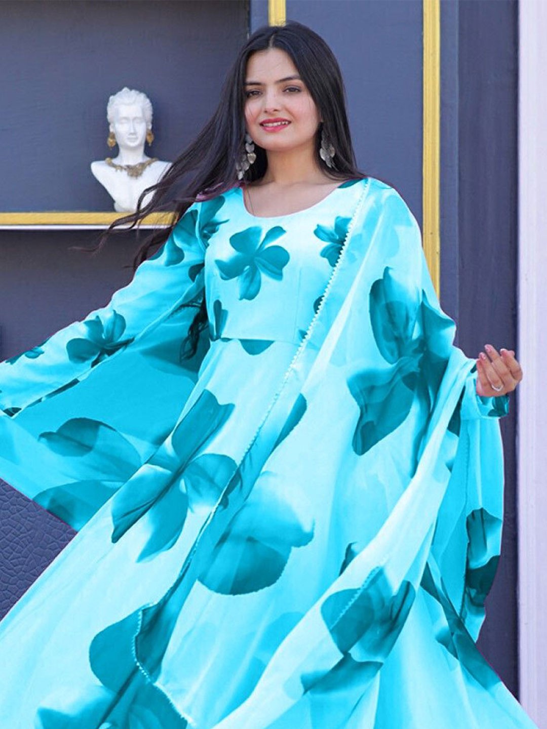 

Krunal Raiyani Floral Print Crepe Fit & Flare Maxi Dress, Blue