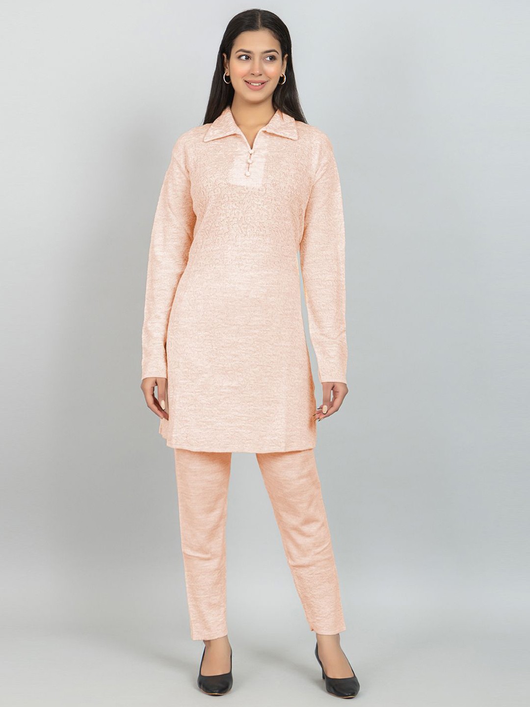 

Wool's Kart Self Design Polo Collar Tunic With Trouser, Orange