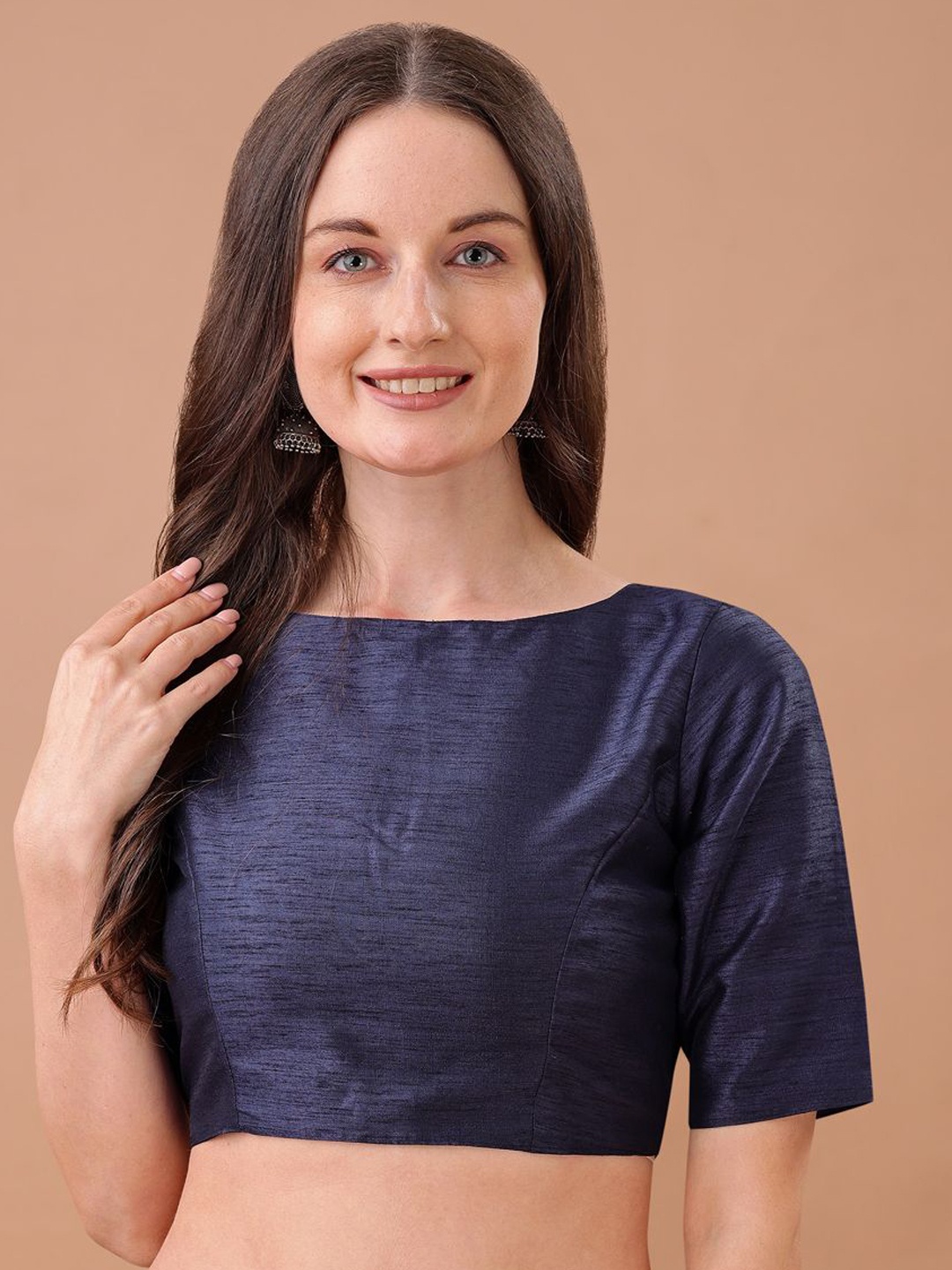 

Tikhi Imli Women Boat Neck Saree blouse, Navy blue