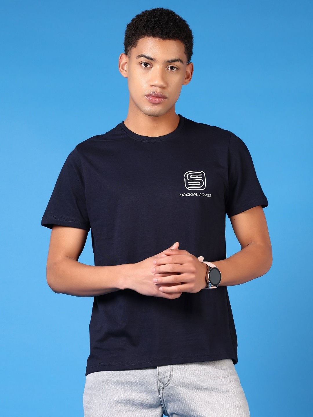

V-Mart Men Typography Printed Round Neck Cotton T-shirt, Navy blue