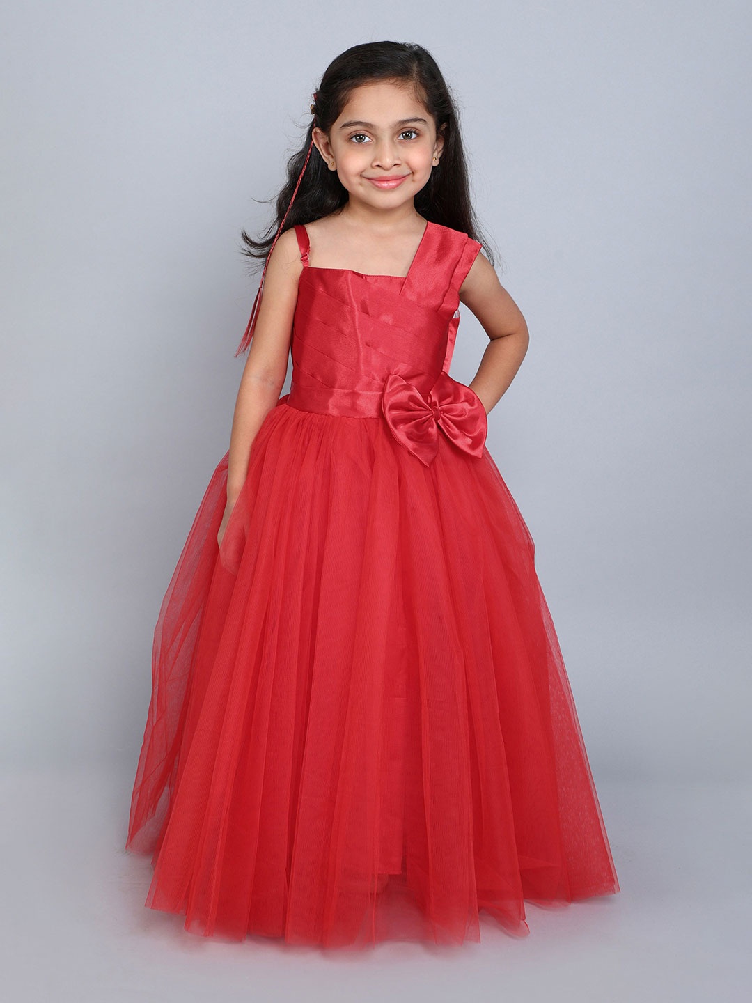 

Pink Chick Girls Solid One Shoulder Neck Sleeveless Maxi Gown Dress, Red