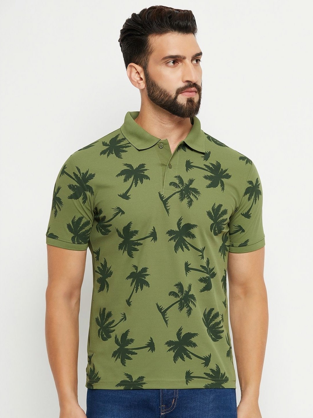 

RENUOVO Men Floral Printed Polo Collar Cotton T-shirt, Green