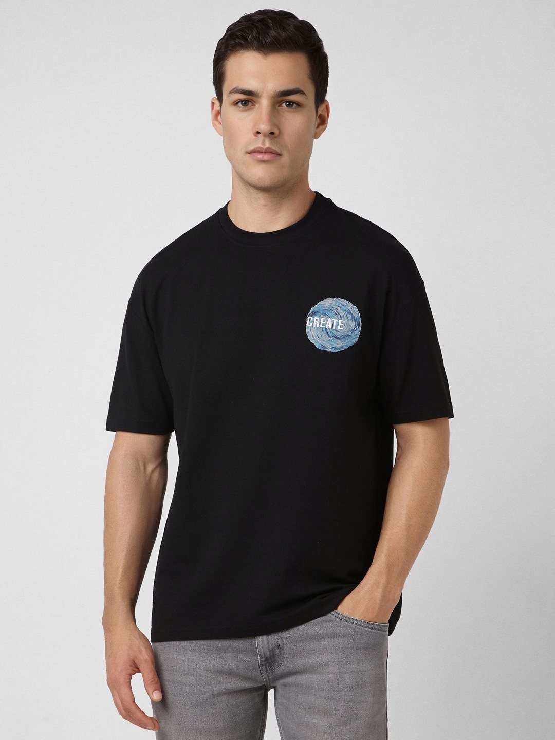 

V Dot Men Graphic Printed Round Neck Cotton T-shirt, Black