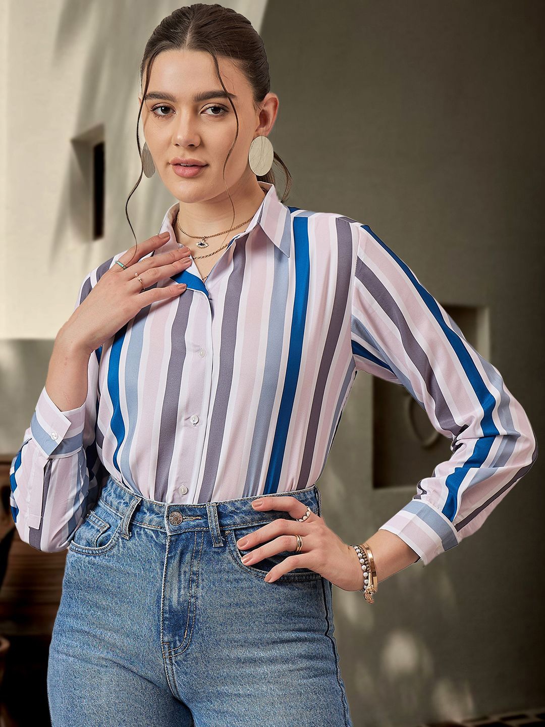 

DressBerry Women Relaxed Fit Spread Collar Vertical Striped Casual Shirt, White