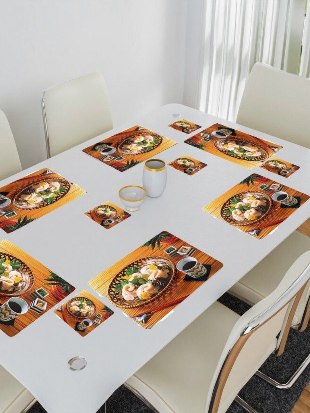 

REVEXO Brown & White 12 Pieces Printed Rectangular Shaped Coasters & Table Placemats