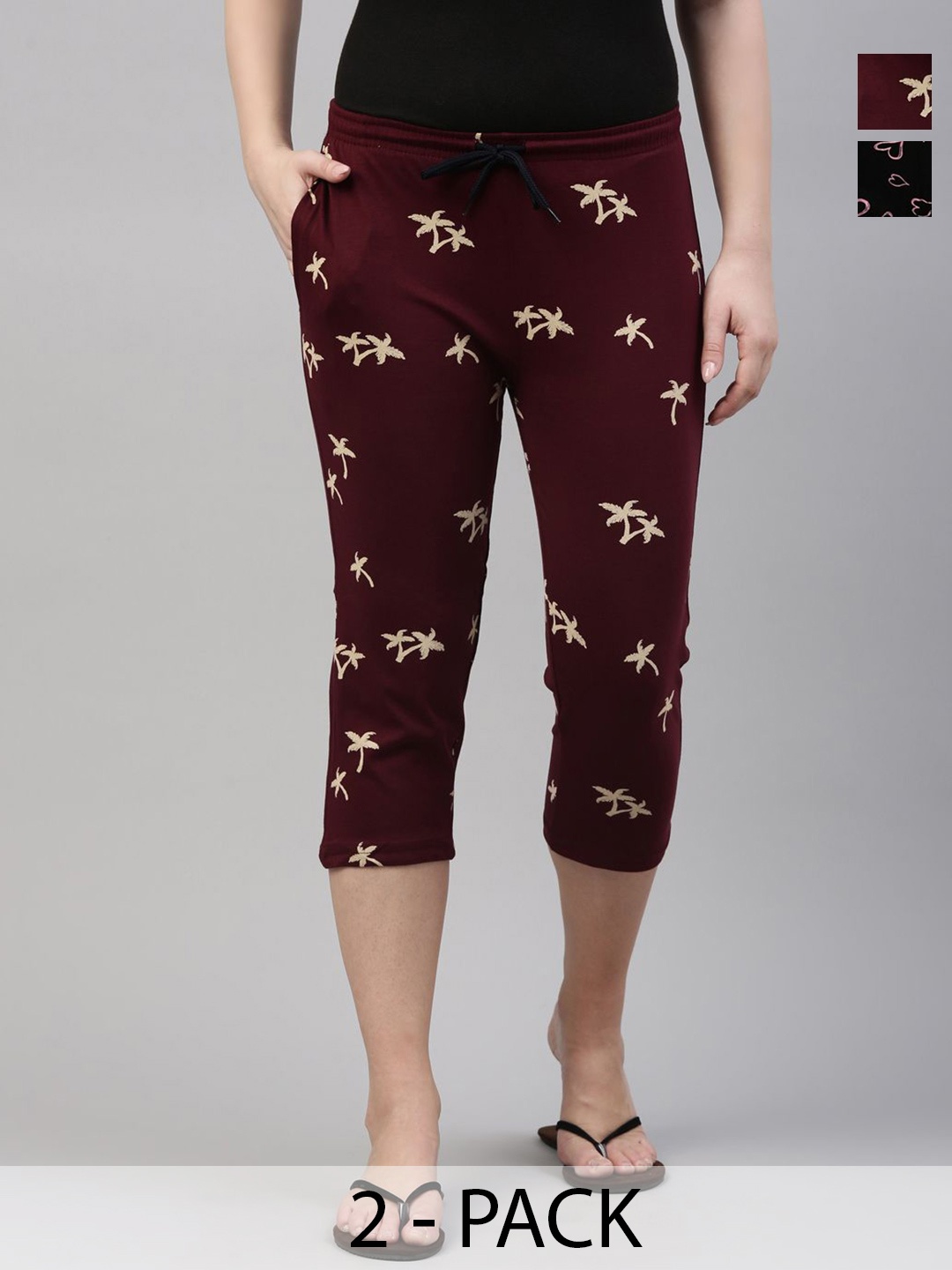 

Kryptic Women Pack of 2 Printed Cotton Capris, Maroon