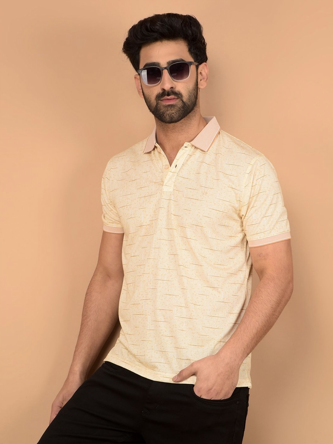 

Crimsoune Club Men Striped Polo Collar Cotton Slim Fit T-shirt, Beige