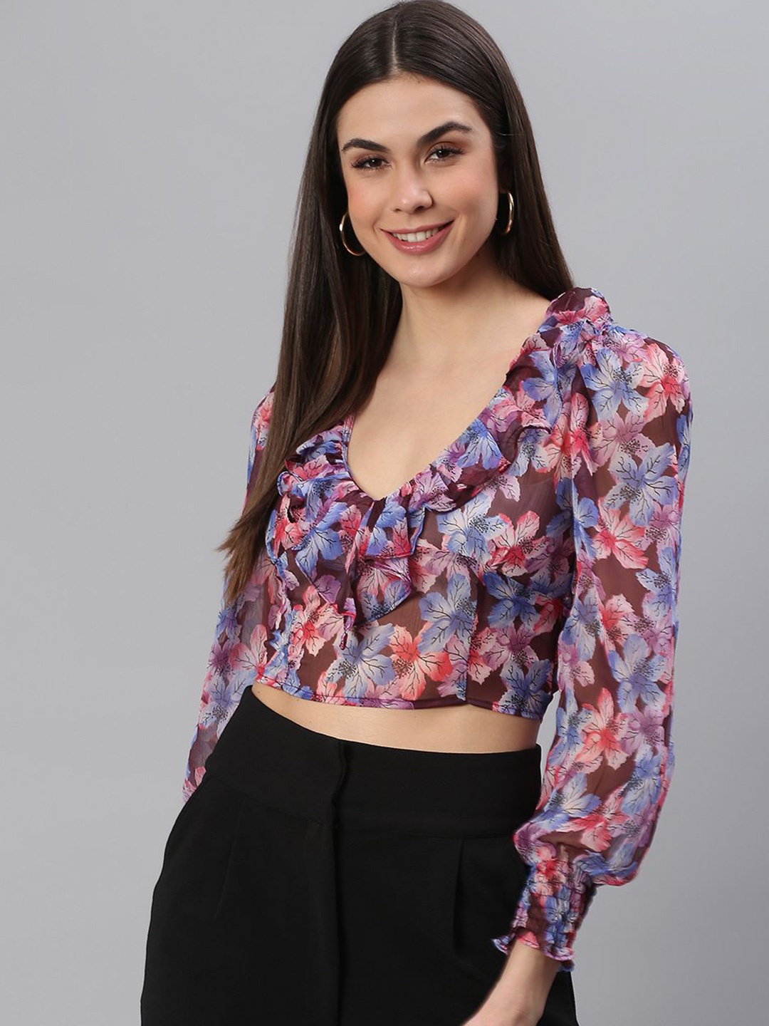 

Moda Rapido Women Floral Printed V-Neck Top, Purple