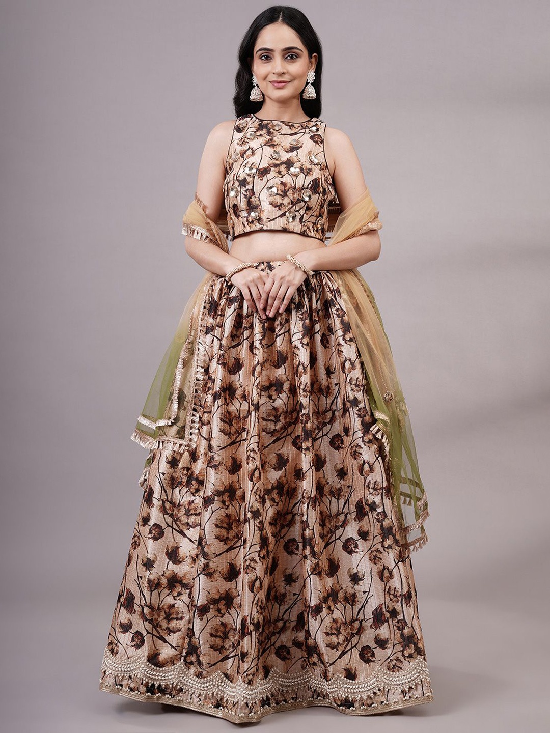 

Utsav Fashion Printed Sequinned Ready to Wear Lehenga & Choli With Dupatta, Beige