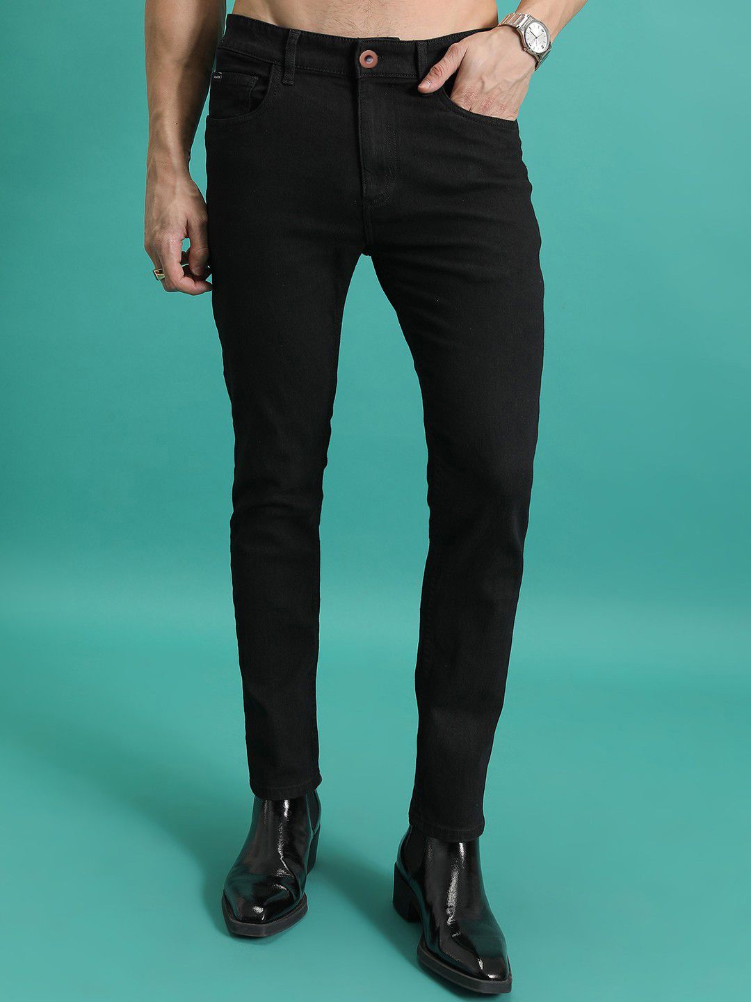 

INDIROCKS Men Mid-Rise Regular Fit Stretchable Jeans, Black