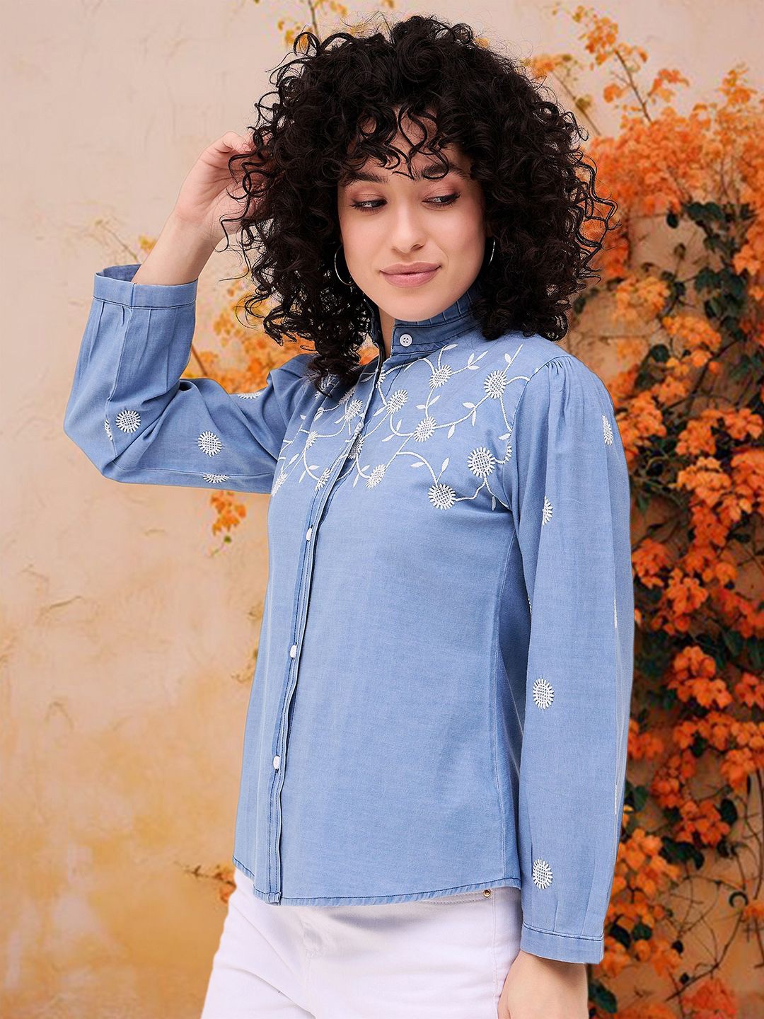 

DressBerry Women Mandarin Collar Floral Printed Cotton Casual Shirt, Blue