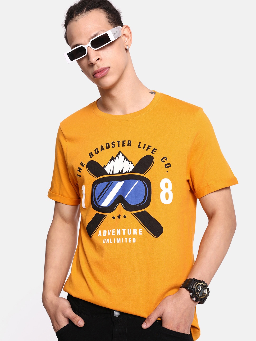 

The Roadster Life Co. Graphic Printed Pure Cotton T-shirt, Mustard
