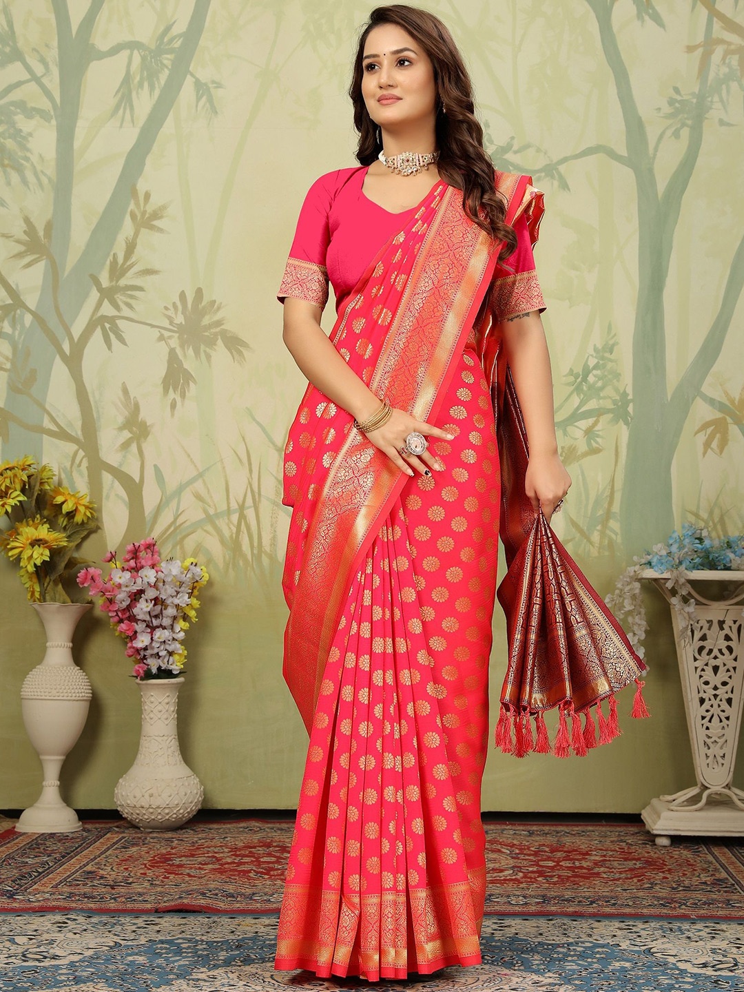 

GARIYA Ethnic Motifs Zari Banarasi Saree, Pink