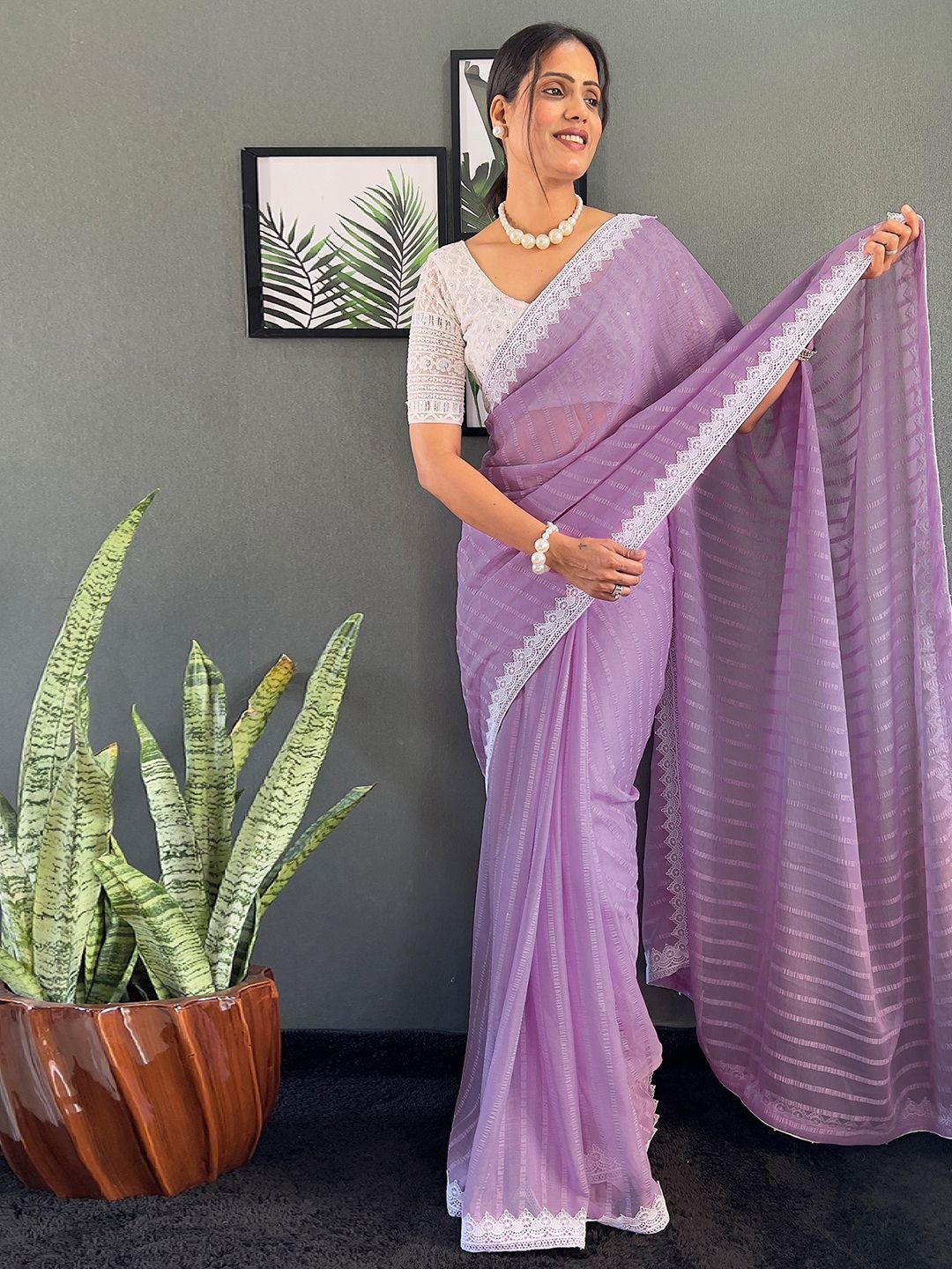 

Mitera Striped Sequinned Pure Chiffon Saree, Lavender