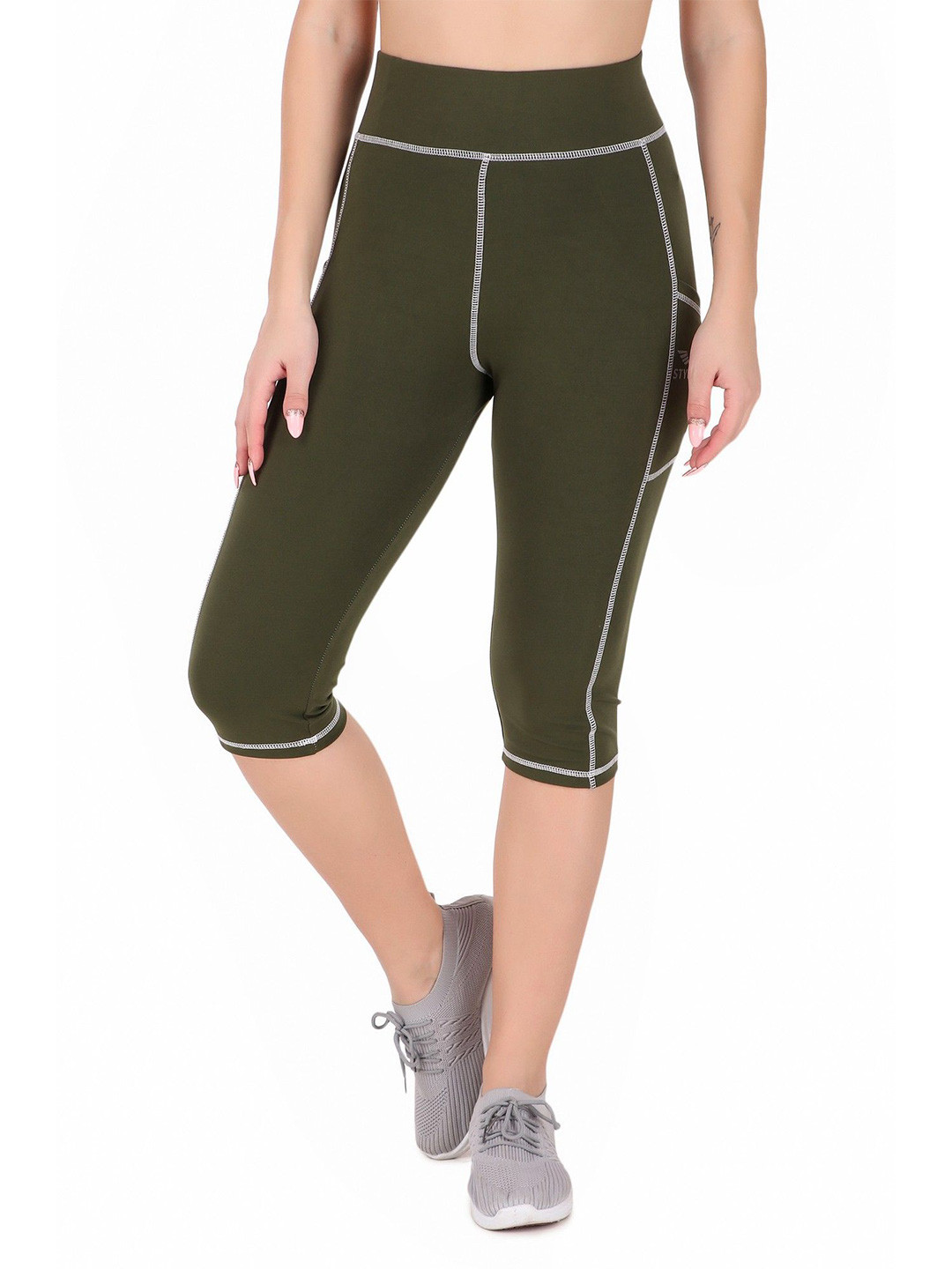 

STYLESO Women Skinny Fit Contrast Stitch Detailed High Rise Capris, Olive