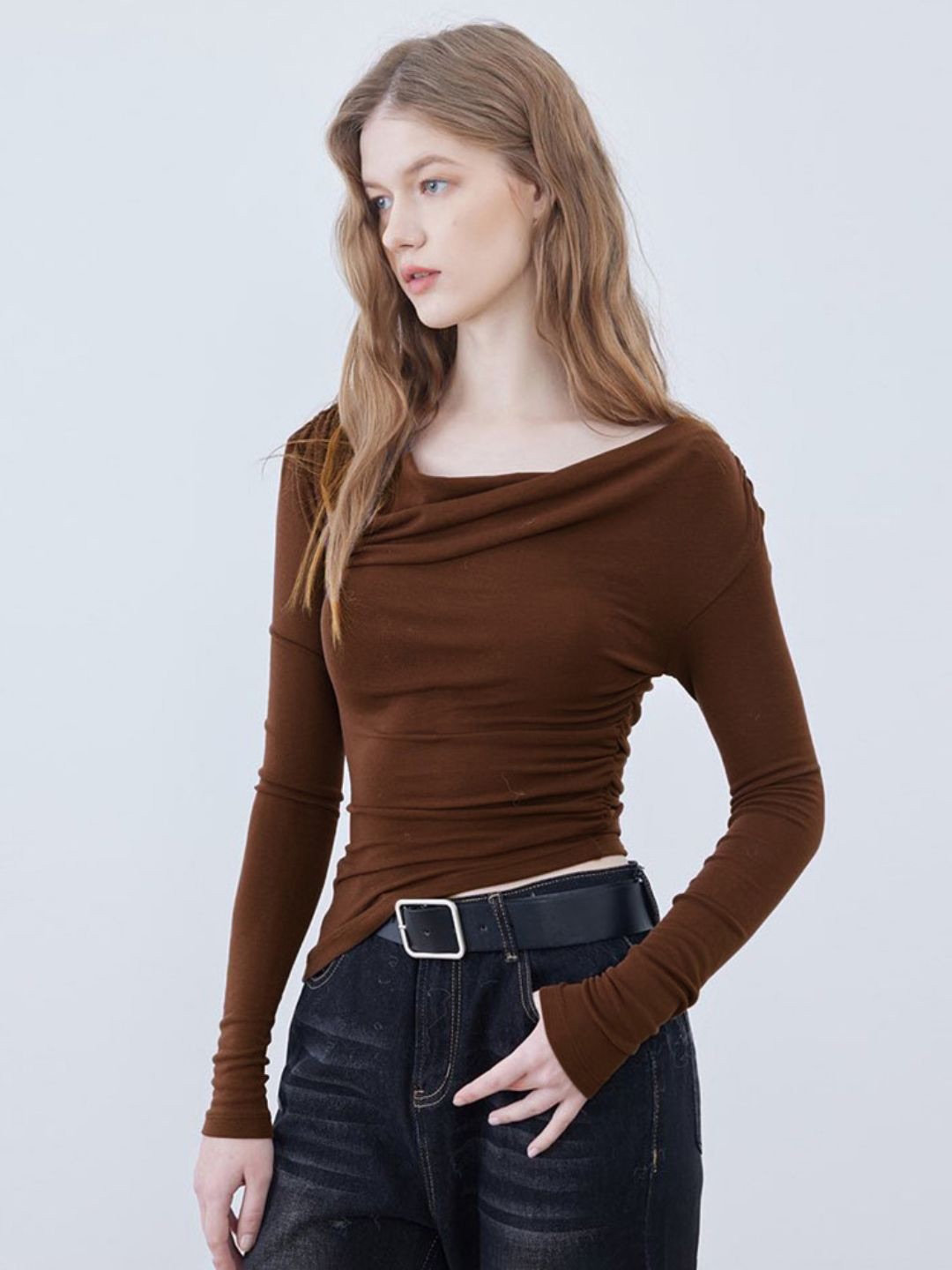 

StyleCast Women Solid Cowl Neck Top, Coffee brown