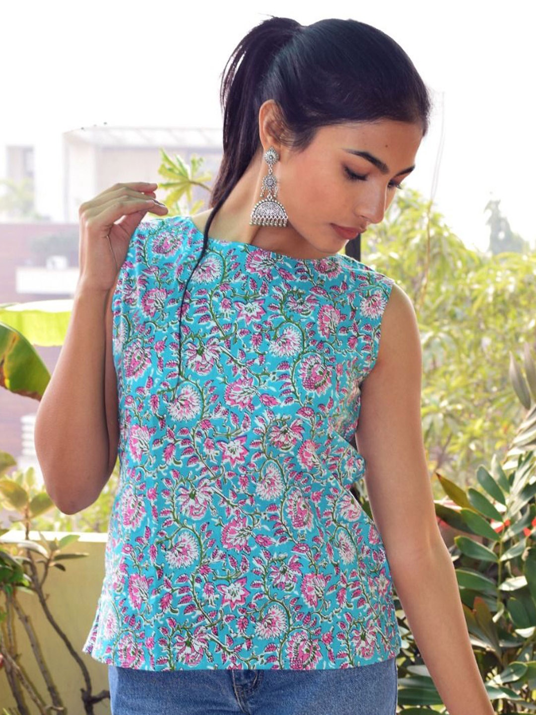 

JAIPUR HAND BLOCK Women Floral Printed Round Neck Sleeveless Cotton Top, Blue