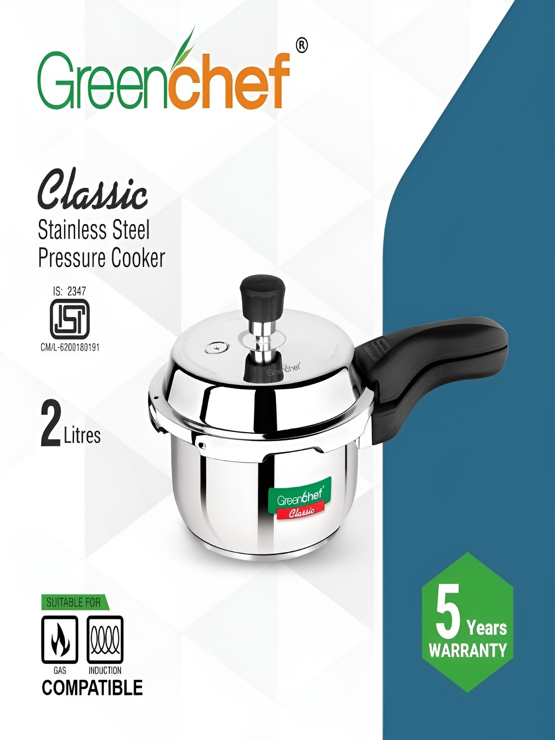 

Greenchef Silver-Toned & Black Stainless Steel Dishwasher Safe Pressure Cooker 2L