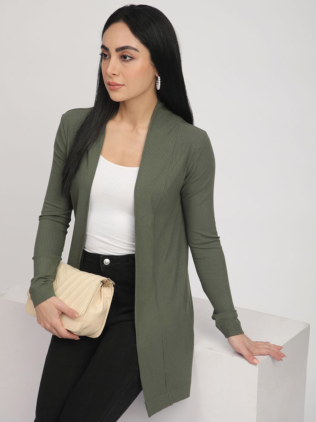 

R&B Striped Long Sleeves Open Front Shrug, Olive