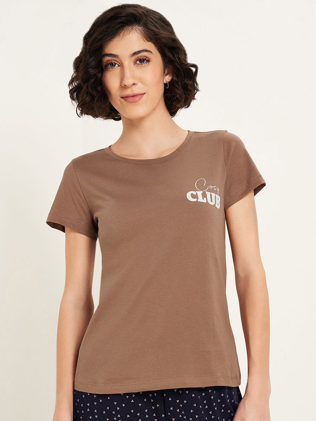 

Dreamz by Pantaloons Pure Cotton Round Neck Short Sleeves Lounge T-Shirt, Brown