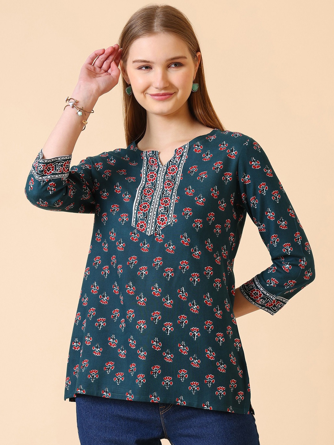 

SANGOURI Ethnic Motifs Printed V-Neck Short Kurti, Teal