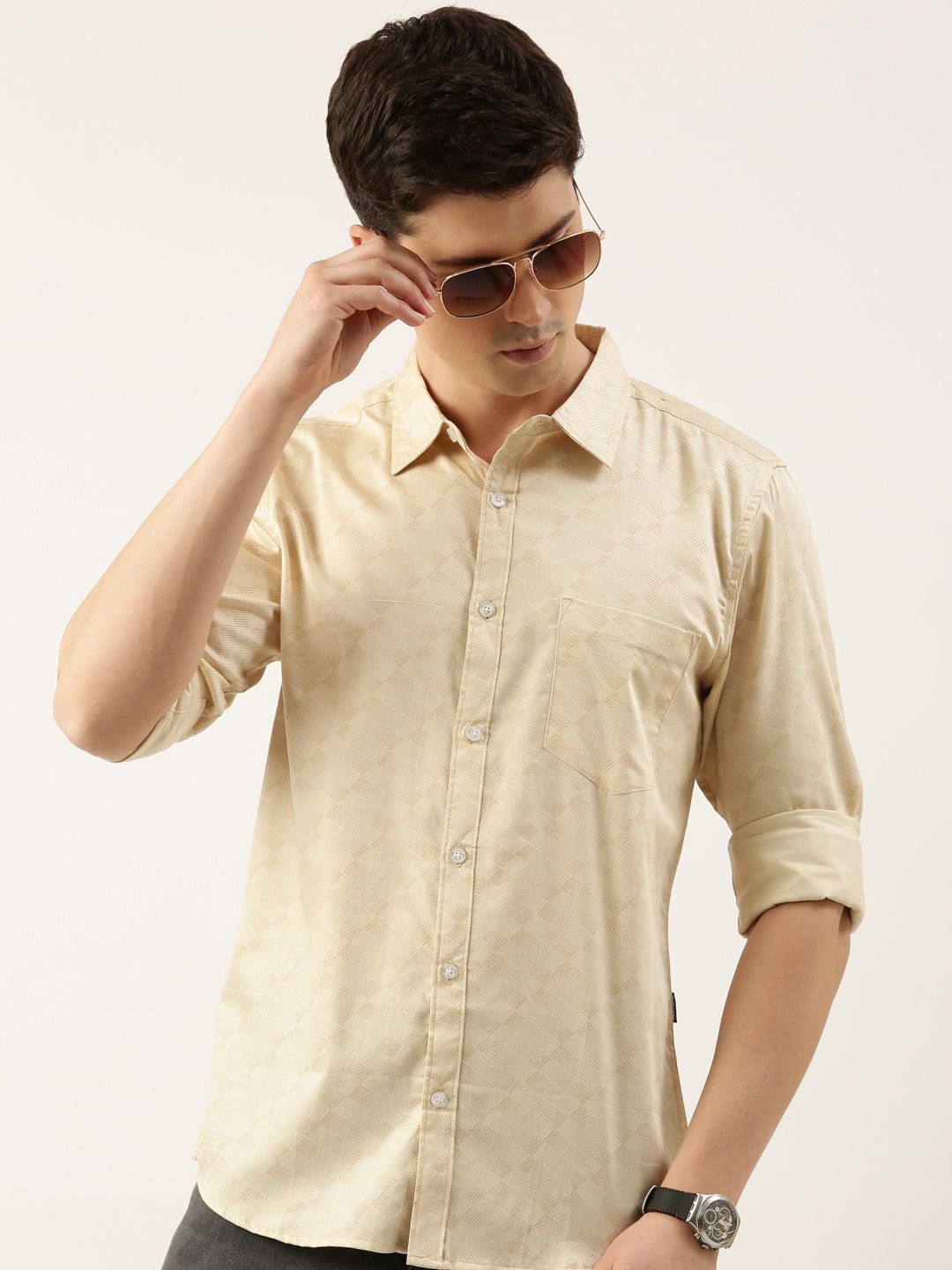 

Provogue Men Opaque Printed Casual Shirt, Beige