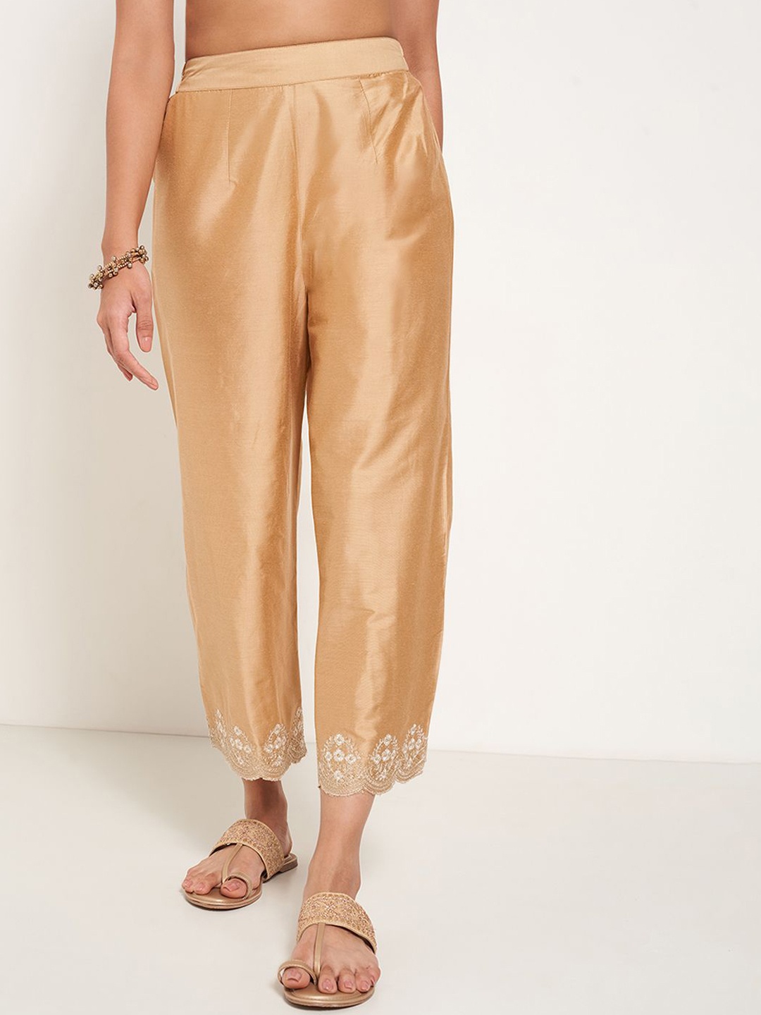 

RANGMANCH BY PANTALOONS Women Straight Fit Trousers, Gold