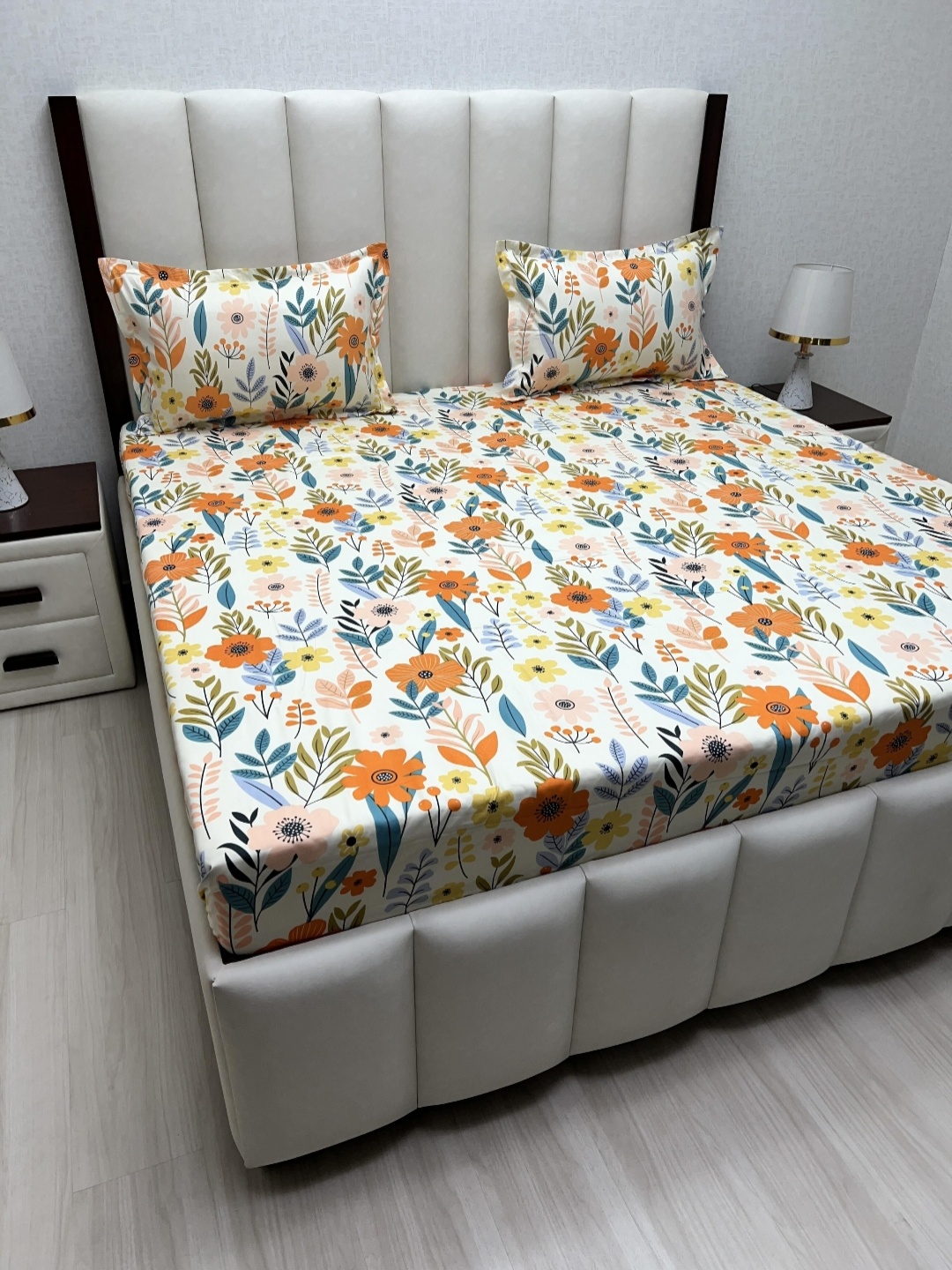 

Pure Decor Amulya Orange Printed Microfiber 240 TC King Bedsheet Set 2.28m X 2.54m