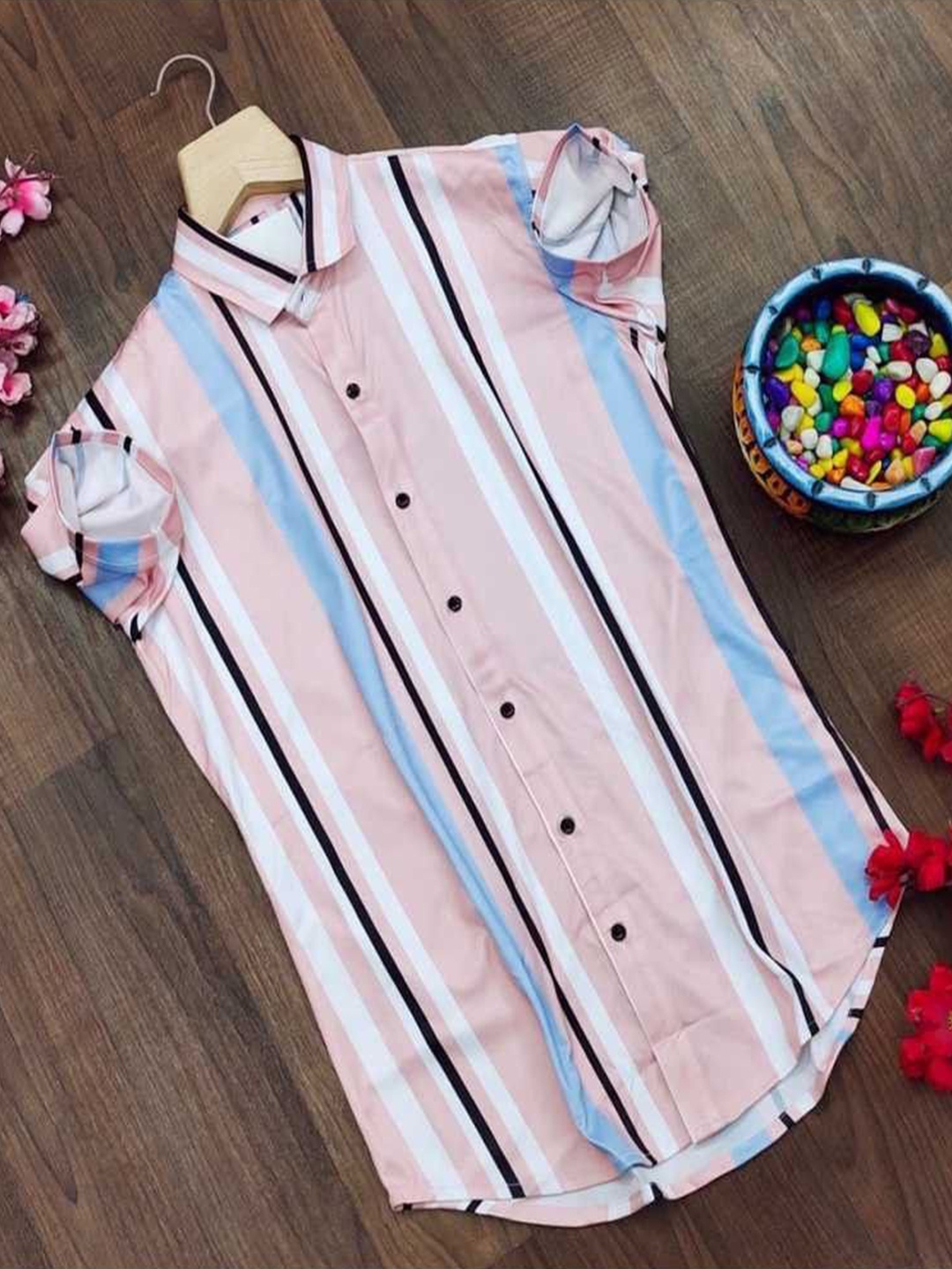 

iCome Men Spread Collar Vertical Striped Cotton Linen Casual Shirt, Pink