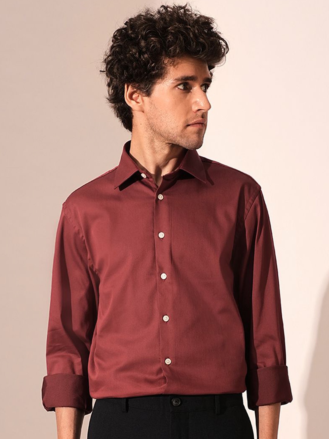 

SELECTED Men Slim Fit Spread Collar Solid Cotton Casual Shirt, Maroon