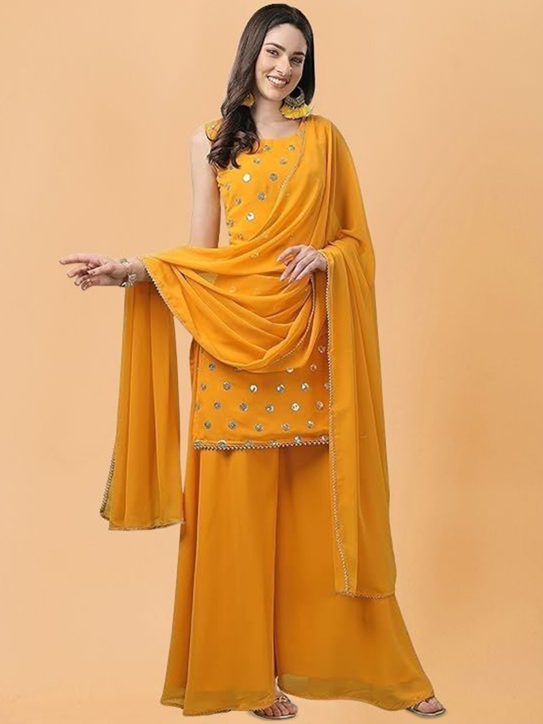 

PARROT CREATION Women Embroidered Regular Sequinned Kurti with Sharara & With Dupatta, Yellow